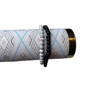 Marbled White Black and Solid Black Beaded Stretch Bracelet